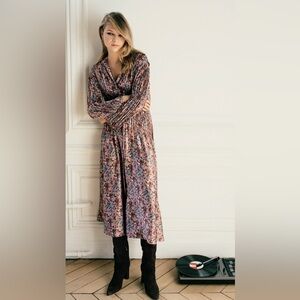 Vince Pleated Shirt Midi Dress Berry Blossoms Size XS